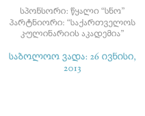 სპონსორი: წყალი “სნო” პარტნიორი: “საქართველოს კულინარიის აკადემია”
საბოლოო ვადა: 26 ივნისი, 2013
